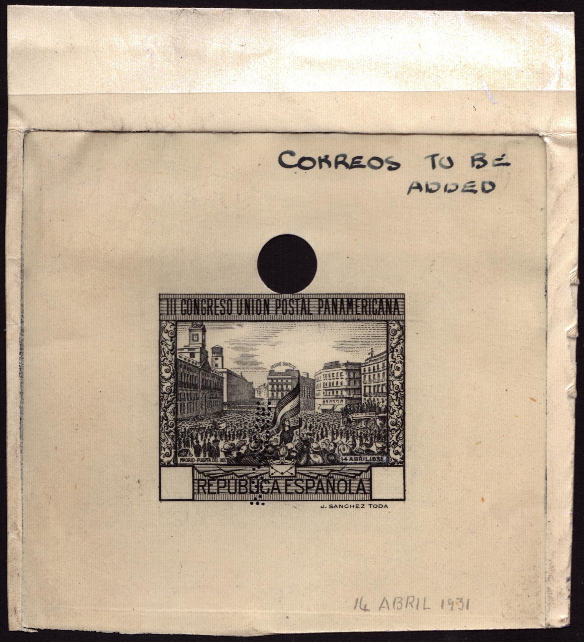 1931 III Congreso de la Uni�n Postal Panamericana Sunken Die Proof Unfinished in Black